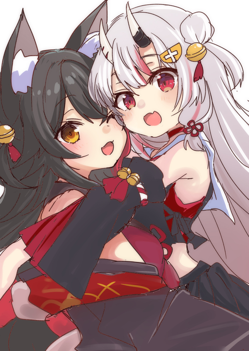 2girls absurdres animal_ear_fluff animal_ears bell black_hair black_sleeves blush center-flap_bangs commentary cowboy_shot detached_sleeves fang hair_bell hair_bun hair_ornament highres hololive hug jingle_bell long_hair looking_at_viewer multicolored_hair multiple_girls nakiri_ayame nakiri_ayame_(1st_costume) one_eye_closed oni ookami_mio open_mouth red_eyes red_hair roboro935672 skin_fang smile streaked_hair symbol-only_commentary virtual_youtuber white_hair wolf_ears wolf_girl yellow_eyes