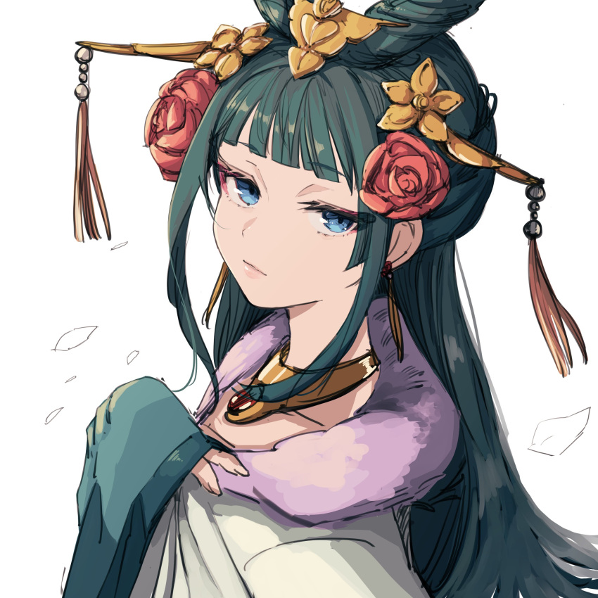 1girl absurdres blue_eyes blunt_bangs chinese_clothes commentary crown eyelashes flower fur-trimmed_robe fur_trim green_hair green_robe hair_flower hair_ornament hairpin highres jewelry kusuriya_no_hitorigoto long_hair looking_at_viewer maomao_(kusuriya_no_hitorigoto) necklace ogura_tubuan robe rose simple_background solo upper_body white_background