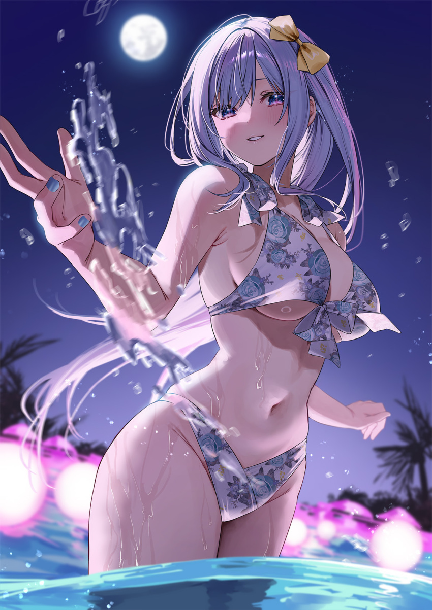 1girl bare_shoulders bikini blue_hair blue_nails blush bow breasts chigusa_minori commentary dutch_angle floral_print full_moon hair_bow highres large_breasts long_hair looking_at_viewer moon nail_polish night night_sky original parted_lips print_bikini purple_eyes second-party_source sideboob silhouette sky solo splashing standing swimsuit underboob wading white_bikini yellow_bow