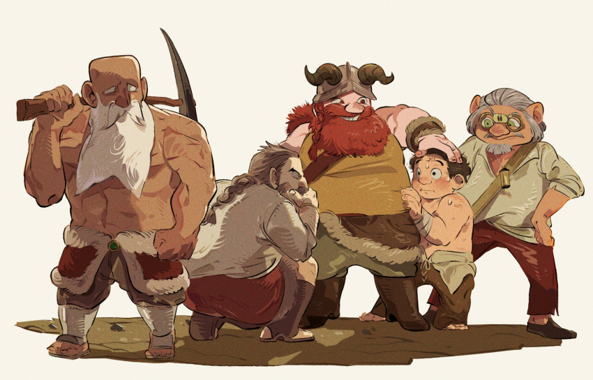 0121huiii 5boys :i aged_down bald beard black_hair blush boots braid braided_ponytail brigan brown_footwear brown_hair brown_pants carrying_over_shoulder child clenched_hand dungeon_meshi dwarf facial_hair fake_horns fur_trim gillin glasses gnome green_eyes grey_hair grey_pants grin hair_slicked_back hand_on_another's_head hand_on_own_chin hand_on_own_hip headpat height_difference helmet hiding hiding_behind_another highres holding holding_pickaxe horned_helmet horns invar lantern long_beard long_eyebrows looking_at_another looking_back looking_down multiple_boys multiple_scars muscular muscular_male mustache nervous nervous_sweating noor nose_blush on_one_knee outstretched_arm oversized_clothes pants pickaxe pince-nez red_eyes red_hair red_pants round_teeth sandals scar senshi_(dungeon_meshi) shirt shoes short_hair side_braid simple_background single_braid sleeveless smile standing stroking_own_chin sweat teeth thick_eyebrows thinking topless_male white_background white_shirt yellow_shirt