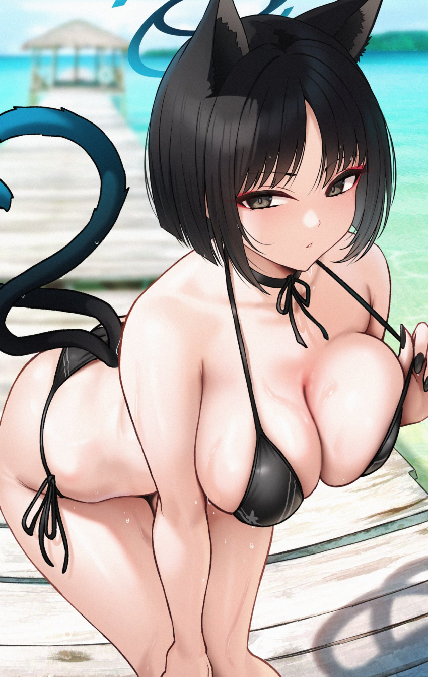 1girl animal_ears bakeneko bare_shoulders bent_over bikini black_bikini black_eyes black_hair black_nails blue_archive blue_halo blush breasts cat_ears cat_girl cat_tail cleavage collarbone commentary_request day halo highres kikyou_(blue_archive) large_breasts looking_at_viewer nail_polish outdoors parted_lips short_hair side-tie_bikini_bottom sideboob solar_(happymonk) solo swimsuit tail thighs water wet