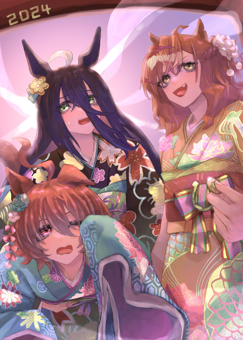 2024 3girls absurdres agnes_tachyon_(umamusume) ahoge alternate_costume animal_ears black_kimono blue_kimono brown_hair commentary_request ear_down ear_ornament floral_print_kimono hair_between_eyes hair_ornament highres horse_ears horse_girl horse_tail jam_(umamusume) japanese_clothes jungle_pocket_(umamusume) kimono long_hair manhattan_cafe_(umamusume) medium_hair multicolored_hair multiple_girls obi open_mouth red_eyes sash simple_background sleeves_past_fingers sleeves_past_wrists smile streaked_hair tail tonariuta umamusume white_hair wide_sleeves yellow_eyes yellow_kimono