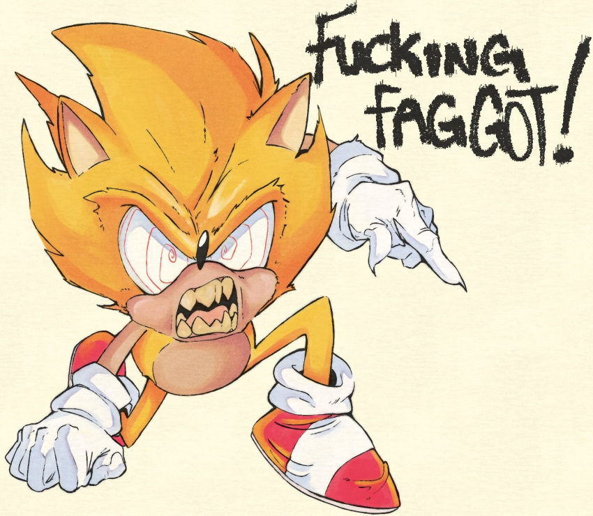 anthro chiham clothing english_text eulipotyphlan footwear gloves handwear hedgehog hi_res homophobic_slur mammal sega sharp_teeth shoes sonic_the_hedgehog sonic_the_hedgehog_(series) spiral_eyes super_sonic teeth text