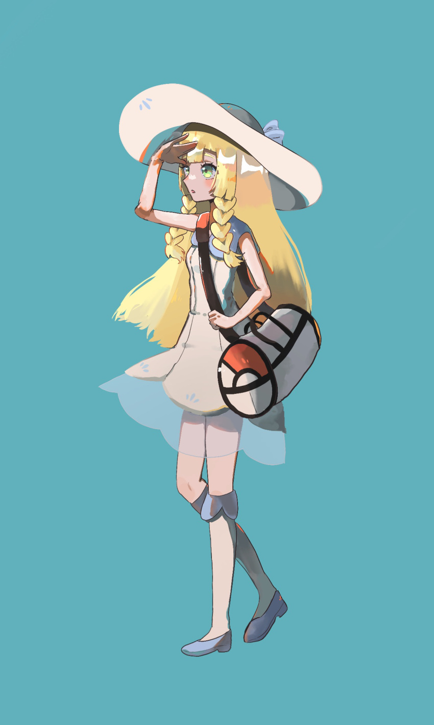 1girl :o bag blonde_hair blue_background blue_footwear braid collared_dress dress duffel_bag full_body green_eyes hand_up hat highres holding_strap kneehighs lillie_(pokemon) long_hair looking_afar poke_ball_theme pokemon pokemon_sm see-through shading_eyes shoulder_bag sleeveless sleeveless_dress socks solo standing sun_hat sundress twin_braids white_bag white_dress white_headwear white_socks yuyuyu_wasabi