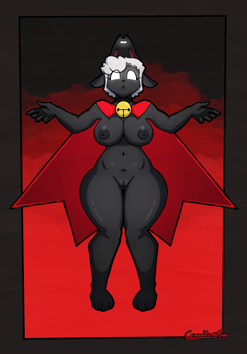 anthro bell bell_collar black_body black_nipples border bovid breasts cape cape_only caprine clothing collar criminalbunnydraws crown cult_of_the_lamb curled_hair eyelashes female floating genitals glowing glowing_eyes hair headgear hi_res horn jingle_bell jingle_bell_collar mammal mostly_nude nipples pussy sheep short_hair short_horn slightly_chubby small_horn solo thick_thighs white_eyes white_hair wide_hips