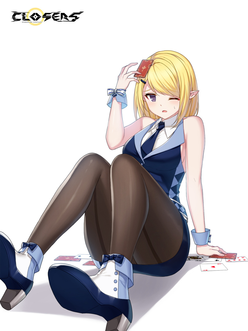 1girl ;o ace_(playing_card) ace_of_hearts alternate_hair_color ankle_boots arm_support back-seamed_legwear bare_arms bare_shoulders belt blonde_hair blue_belt blue_bow blue_footwear blue_necktie blue_skirt blue_vest blue_wrist_cuffs bob_cut boots bow breasts brown_pantyhose card closers collared_shirt copyright_name croupier dress_shirt eight_of_diamonds_(playing_card) fallen_down fold-over_boots footwear_bow four_of_clubs full_body furrowed_brow hand_up heart high_heels highres knees_up levia_(closers) logo medium_breasts miniskirt necktie no_pupils object_on_head official_art on_ground one_eye_closed pantyhose pencil_skirt playing_card pointy_ears purple_eyes queen_(playing_card) queen_of_clubs seamed_legwear shadow shirt short_hair sideboob sitting skirt sleeveless sleeveless_shirt solo sweat swept_bangs tachi-e two-tone_footwear two_of_spades vest waistcoat white_background white_bow white_footwear white_shirt wrist_bow wrist_cuffs