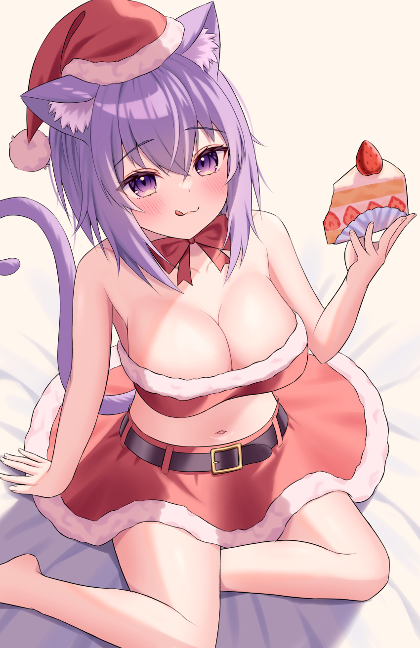 1girl absurdres ahoge animal_ear_fluff animal_ears blush bow breasts cake cake_slice cat_ears cat_girl cat_tail christmas closed_mouth food fur-trimmed_headwear fur-trimmed_skirt fur_trim hair_between_eyes hat highres holding holding_food hololive kumoru_(kumoru_145) large_breasts looking_at_viewer navel nekomata_okayu purple_eyes purple_hair red_bow santa_costume santa_hat short_hair sitting skirt smile solo tail tongue tongue_out virtual_youtuber