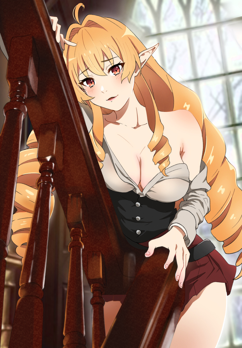 1girl absurdres against_railing ahoge bare_shoulders black_corset blonde_hair breasts cleavage clothes_pull collarbone corset drill_hair elf elinalise_dragonroad hair_intakes highres indoors large_breasts lips long_hair long_sleeves looking_at_viewer miniskirt morime mushoku_tensei parted_lips pleated_skirt pointy_ears railing ranoa_magic_academy_school_uniform red_eyes red_skirt school_uniform shirt_pull skirt solo stairs standing very_long_hair window