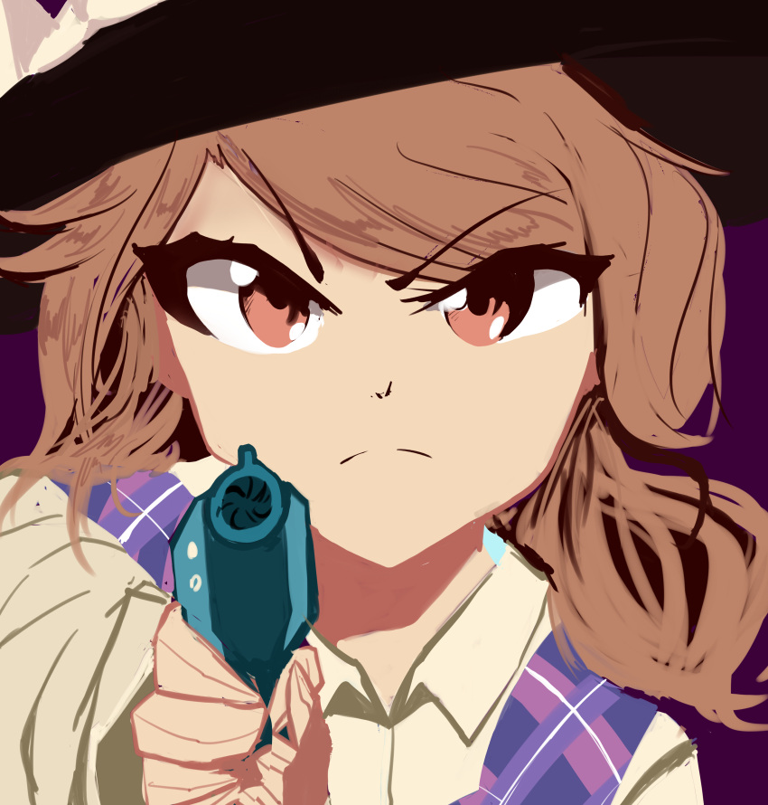 1girl absurdres black_headwear bow brown_eyes brown_hair closed_mouth collared_shirt defense_distributed_liberator fedora gloves gun handgun hat hat_bow highres holding holding_gun holding_weapon no_eyewear purple_background purple_vest serious shirt sketch solo touhou usami_sumireko v-shaped_eyebrows vest weapon white_bow white_shirt