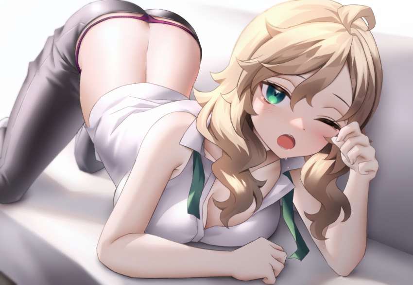 1girl ahoge ass blonde_hair blush breasts commentary_request green_eyes hair_between_eyes highres large_breasts long_hair looking_at_viewer neit_ni_sei one_eye_closed open_mouth original panties pants saliva shirt sleeveless sleeveless_shirt solo thong underwear white_shirt