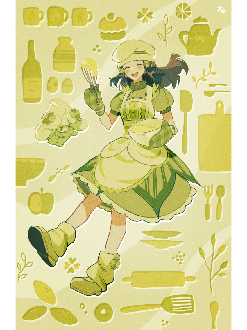 1girl :d alcremie apron black_hair blush buttons chef_hat closed_eyes commentary_request dawn_(palentine's_2021)_(pokemon) dawn_(pokemon) dress floating_hair green_dress hat highres holding holding_whisk long_hair loose_socks official_alternate_costume omyo_(myomyomyo22) open_mouth oven_mitts pillarboxed pokemon pokemon_(creature) pokemon_masters_ex shoes short_sleeves sidelocks signature smile socks teeth upper_teeth_only whisk
