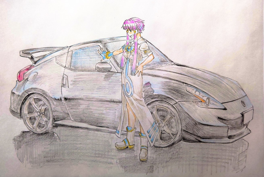 1girl aria_(manga) aria_company_uniform blue_bow blue_bowtie blue_gloves blush bow bowtie car cwind dress eyelashes full_body gloves gold_bracelet gold_trim hair_tubes hand_on_own_hip mizunashi_akari motor_vehicle nissan_370z nissan_fairlady_z open_mouth pink_hair reflective_floor sailor_collar shadow short_hair_with_long_locks side_slit simple_background single_glove sketch solo spoiler_(automobile) sports_car traditional_media vehicle_focus white_dress white_footwear