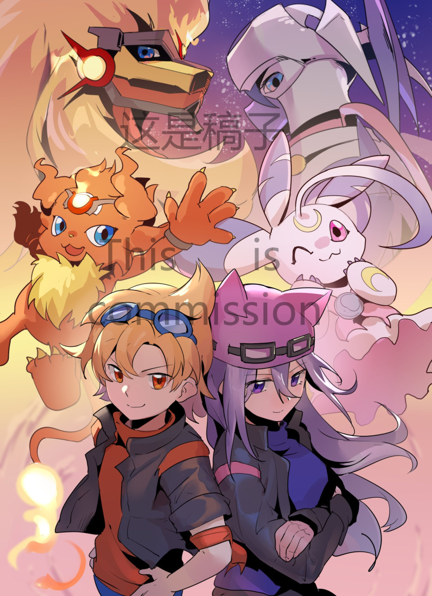 2girls apollomon black_jacket blonde_hair blue_eyes brown_eyes commission coronamon crescent cropped_jacket crossed_arms cyanord_k dianamon digimon digimon_(creature) digimon_story:_sunburst_and_moonlight evolutionary_line fire goggles goggles_on_head helmet highres jacket koh_(digimon) long_hair looking_at_viewer looking_back lunamon mask mouth_mask multiple_girls one_eye_closed open_clothes open_jacket pink_scarf purple_eyes purple_hair purple_headwear sayo_(digimon) scarf short_hair smile smirk watermark