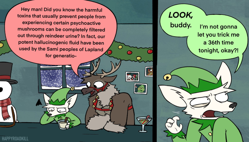 2024 alcohol anthro antlers arctic_fox bar bell beverage candy candy_cane canid canine christmas christmas_clothing christmas_decorations clothed clothing comic crossed_arms deer dessert dialogue elemental_creature english_text food fox fur group happyroadkill harness hat headgear headwear hi_res holidays horn humor inside male mammal mineral_fauna multiple_scenes muzzle_(object) new_world_deer open_mouth reindeer scarf shirt signature sitting size_difference snow snow_creature snowing snowman snowman_(species) text the_truth topwear trio tuft tunic window