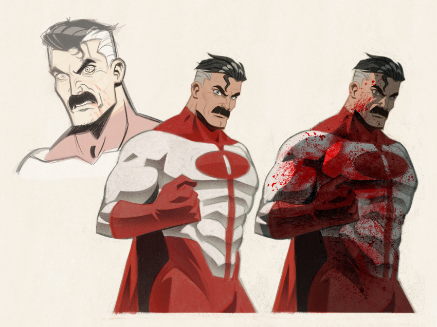 1boy black_hair blood blood_on_clothes blood_on_face bodysuit cape facial_hair gloves grey_background highres invincible_(series) male_focus mature_male multicolored_hair muscular muscular_male mustache omni-man pectorals red_bodysuit red_cape short_hair simple_background stephanie_(stephpeppery) superhero two-tone_bodysuit two-tone_hair white_bodysuit