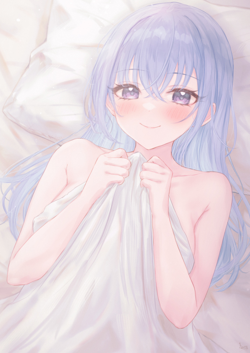 1girl bed_sheet blanket blue_hair blush breasts collarbone gameso highres holding holding_blanket idolmaster idolmaster_shiny_colors implied_nudity large_breasts long_hair looking_at_viewer lying nude on_back pillow purple_eyes smile solo straight_hair suzuki_hana under_covers upper_body very_long_hair