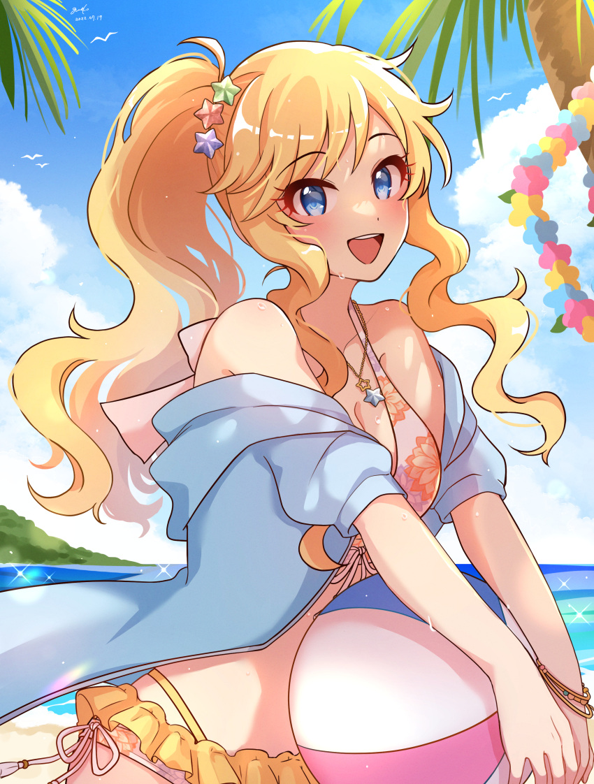 1girl :d absurdres ball bare_shoulders beach beachball bikini bird blonde_hair blue_eyes blue_jacket blue_sky blush bow breasts cleavage cloud collarbone dated day dot_nose floral_print flower_wreath front-tie_bikini_top front-tie_top grk_11601 hair_ornament highres holding holding_ball holding_beachball horizon idolmaster idolmaster_cinderella_girls idolmaster_cinderella_girls_starlight_stage jacket jewelry long_hair looking_at_viewer medium_breasts mountain multiple_bracelets necklace ocean off_shoulder ohtsuki_yui open_clothes open_jacket open_mouth outdoors palm_tree pink_bikini ponytail print_bikini sarong seabird seagull side-tie_bikini_bottom signature sky smile solo sparkle star_(symbol) star_hair_ornament star_necklace swimsuit teeth tree upper_body upper_teeth_only wavy_hair wet yellow_sarong