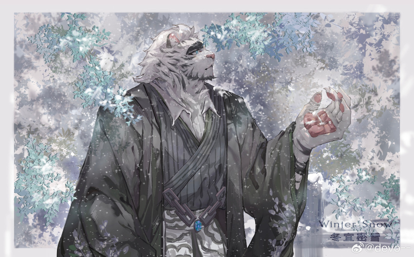 1boy absurdres animal_ears arknights bara blue_eyes chain chinese_clothes chinese_commentary chinese_text claws commentary_request devotion116 english_text furry furry_male highres leaf male_focus mountain_(arknights) open_hand pawpads pectoral_cleavage pectorals profile snow snow_on_tree thick_eyebrows thumb_ring tiger_boy tiger_ears tiger_stripes weibo_logo weibo_username