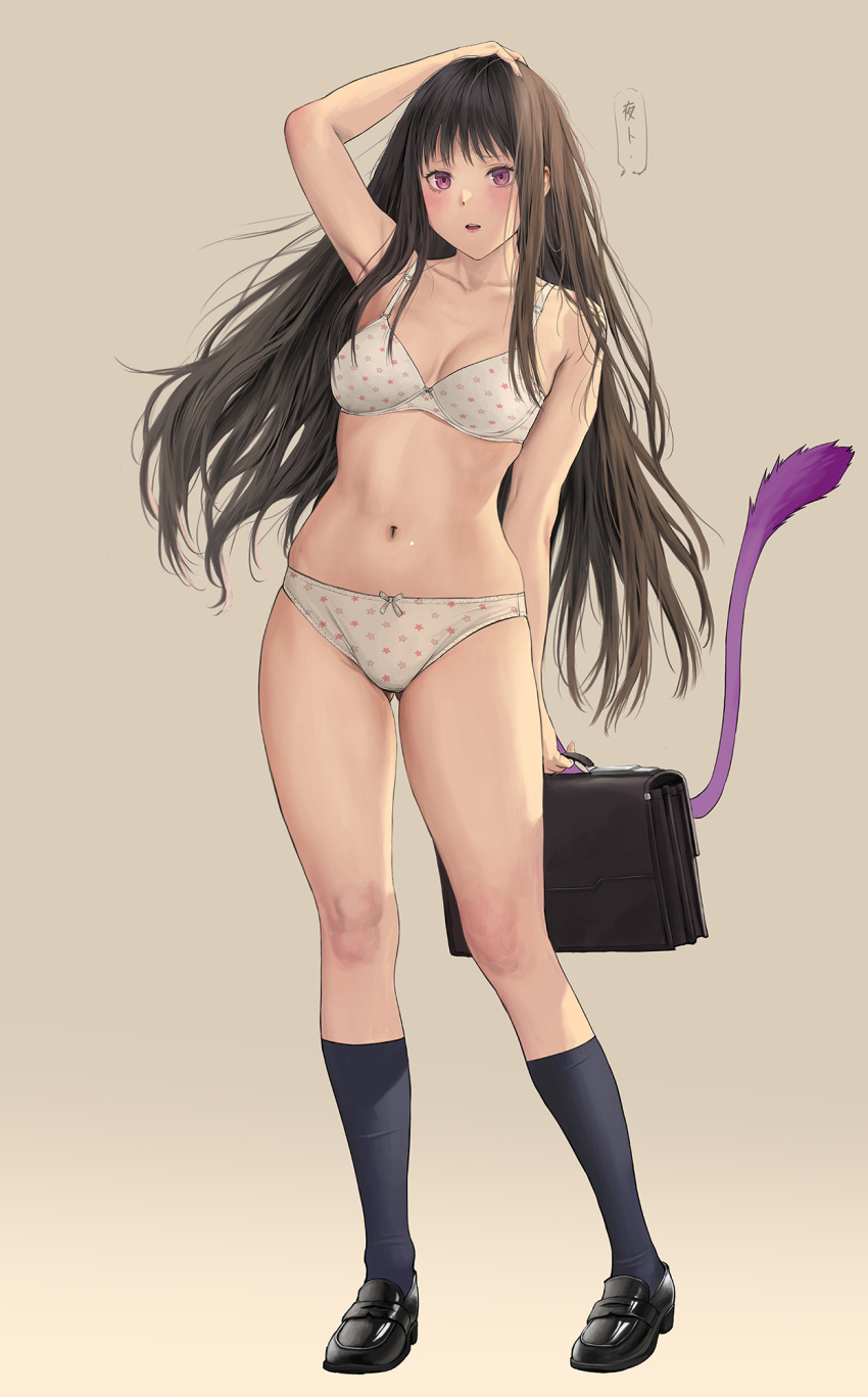1girl bag black_footwear black_hair bra breasts collarbone english_commentary full_body hand_on_own_head highres holding holding_bag iki_hiyori jeneral kneehighs loafers long_hair looking_at_viewer medium_breasts mixed-language_commentary noragami open_mouth panties polka_dot polka_dot_bra polka_dot_panties purple_eyes school_bag shoes simple_background socks solo tail underwear white_bra white_panties