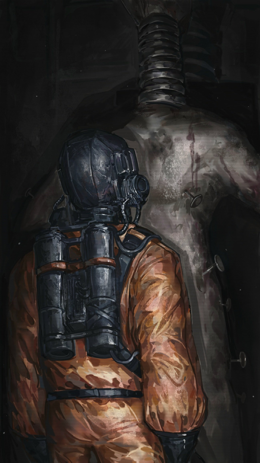 1other belt black_belt black_gloves coil-head_(lethal_company) cowboy_shot dark_background facing_away gloves helmet highres horror_(theme) jumpsuit lethal_company long_sleeves looking_up monster nameno92372763 orange_jumpsuit standing worker_(lethal_company)