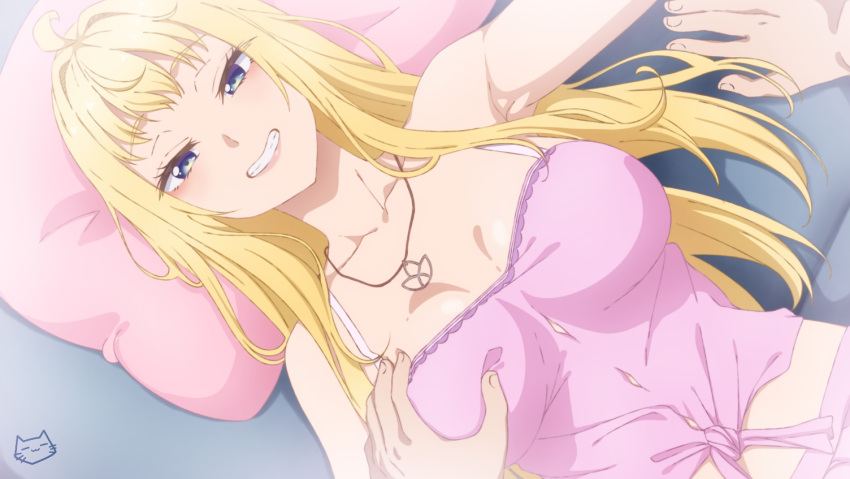 1girl ahoge bare_shoulders blonde_hair blue_eyes breasts breasts_apart collarbone dosanko_gyaru_wa_namaramenkoi fuyuki_minami grabbing grabbing_another's_breast grin jewelry keihh large_breasts long_hair looking_at_viewer lying necklace on_back paid_reward_available pillow pink_shirt pov pov_hands shirt signature smile solo_focus spaghetti_strap tied_shirt upper_body yellow_eyes