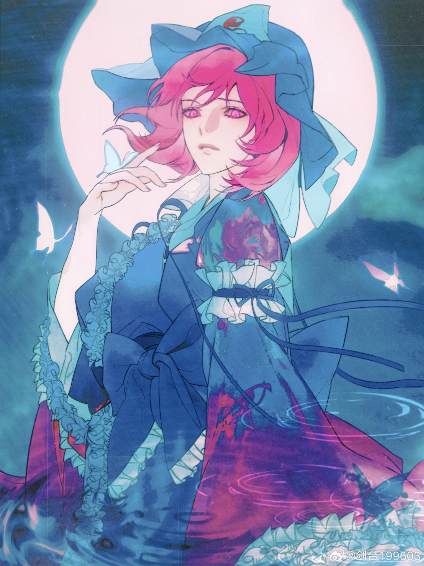1girl absurdres blue_dress blue_eyes blue_headwear bug butterfly chinese_commentary commentary_request dress frilled_ribbon frills full_moon hand_up hat highres jian_tai_199603 juliet_sleeves long_sleeves medium_hair mob_cap moon parted_lips pink_eyes pink_hair puffy_sleeves ribbon saigyouji_yuyuko solo touhou triangular_headpiece weibo_username