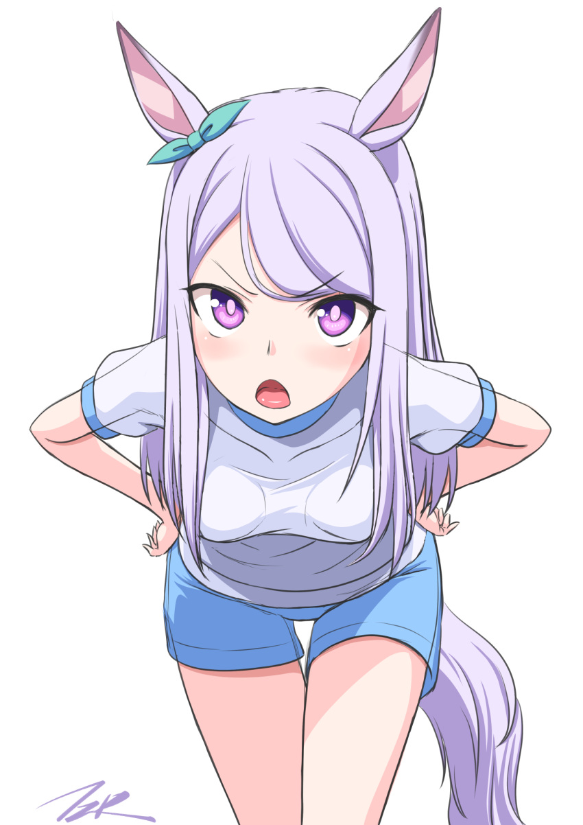 1girl animal_ears aqua_bow artist_name blue_shorts blush bow breasts commentary_request cowboy_shot ear_bow hands_on_own_hips highres horse_ears horse_girl horse_tail long_hair mejiro_mcqueen_(umamusume) open_mouth original_race_uniform_(umamusume) puffy_short_sleeves puffy_sleeves purple_eyes purple_hair shirt short_sleeves shorts simple_background small_breasts solo t2r tail umamusume v-shaped_eyebrows white_background white_shirt