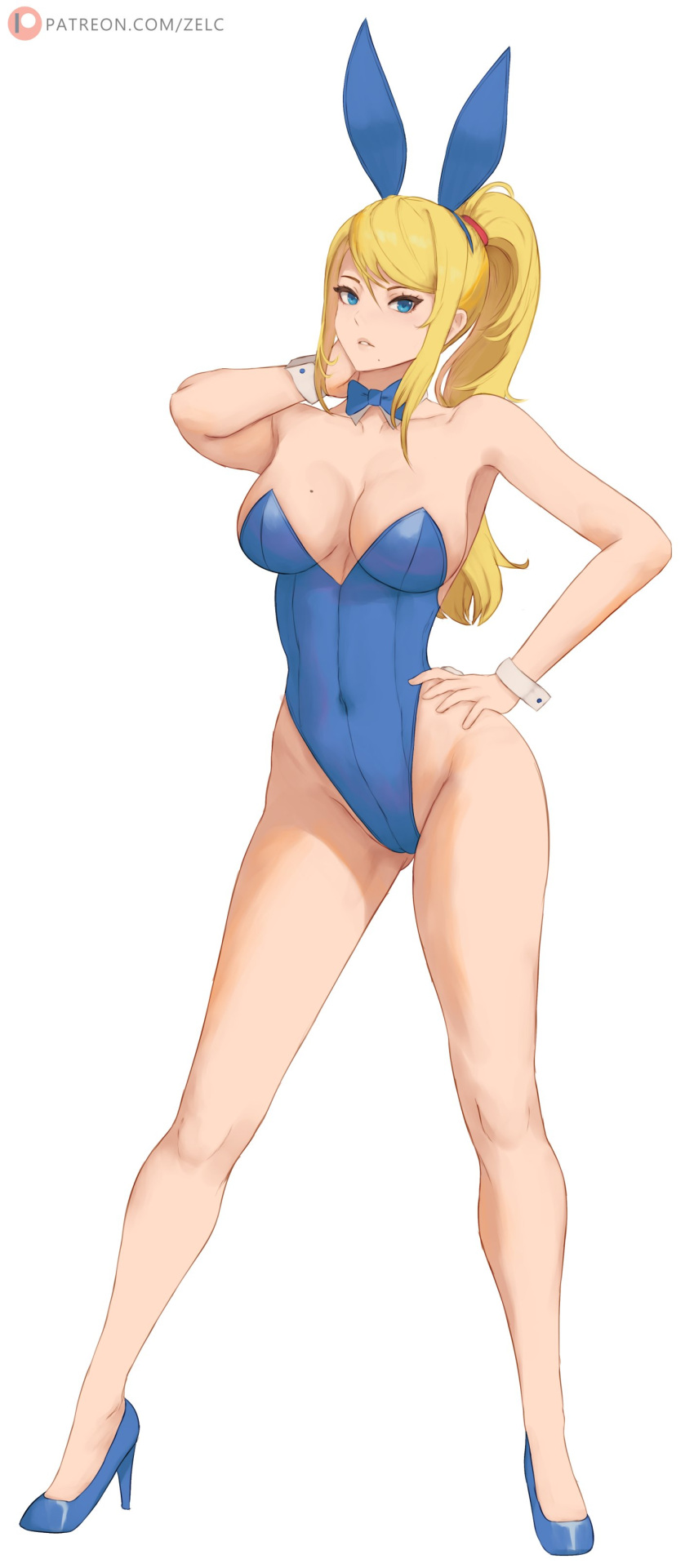 1girl absurdres alternate_costume animal_ears blonde_hair blue_eyes blue_leotard bow bowtie breasts covered_navel detached_collar english_commentary fake_animal_ears fake_tail full_body hand_on_own_hip high_heels highleg highres leotard long_hair looking_at_viewer medium_breasts metroid mole mole_on_breast mole_under_mouth playboy_bunny ponytail rabbit_ears rabbit_tail samus_aran simple_background solo standing strapless strapless_leotard super_smash_bros. tail traditional_bowtie white_background wrist_cuffs zelc-face