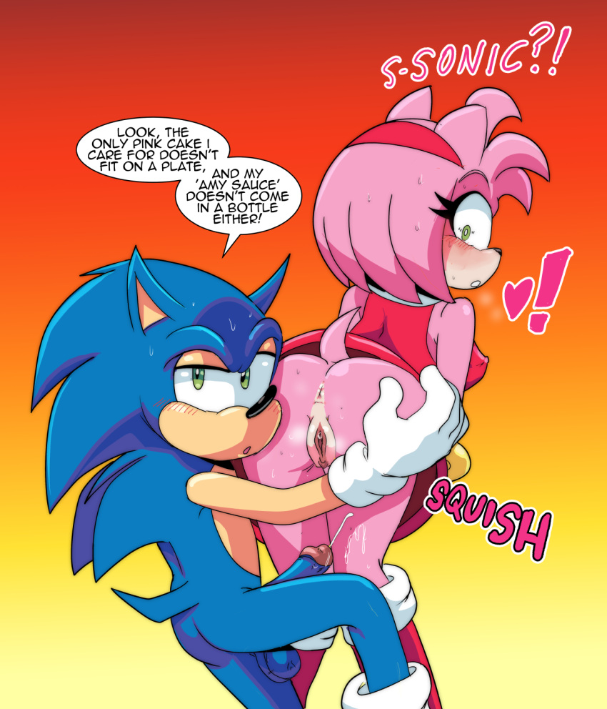 &lt;3 2024 amy_rose anthro anus blue_body blush bodily_fluids bottomless butt clothed clothing cum dialogue duo ejaculation english_text eulipotyphlan extraspecialzone female footwear genital_fluids genitals gloves green_eyes hair handwear hedgehog hi_res male male/female mammal mostly_nude multicolored_body onomatopoeia pink_body pink_hair pussy sega shoes simple_background sonic_the_hedgehog sonic_the_hedgehog_(series) sound_effects sweat tan_body text two_tone_body