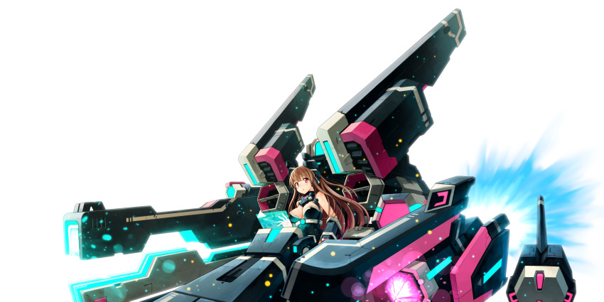 absurdres bare_shoulders blunt_bangs breasts brown_hair cannon cosmic_break divine_thoarla glowing headgear highres holographic_interface large_breasts long_hair looking_at_viewer mecha_musume morizo_cs navel red_eyes robot thoarla_nimbus