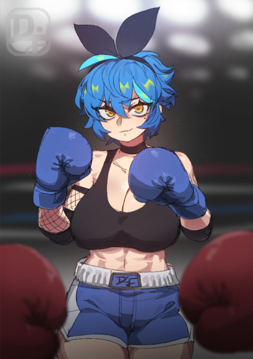 1girl abs aqua_hair artist_logo bare_shoulders black_choker black_hairband black_ribbon black_sports_bra blue_hair blue_shorts blurry blurry_background boxing boxing_gloves boxing_ring breasts character_name choker cleavage closed_mouth clothes_writing commentary cowboy_shot dif_(difman) difman english_commentary eyes_visible_through_hair hair_between_eyes hairband hands_up highres large_breasts light_smile looking_at_viewer messy_hair midriff mole mole_under_eye navel original out_of_frame pov pov_hands ribbon short_hair shorts signature sports_bra standing toned watermark yellow_eyes