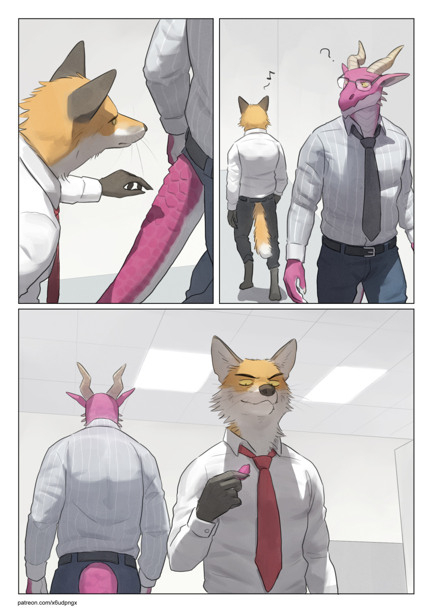 2024 absurd_res anthro biped canid canine clothing digital_media_(artwork) digitigrade dragon duo fox fur hi_res horn male mammal office office_clothing orange_body orange_fur pink_body pink_scales pngx_(artist) scales scalie shirt topwear walking whiskers white_body white_fur
