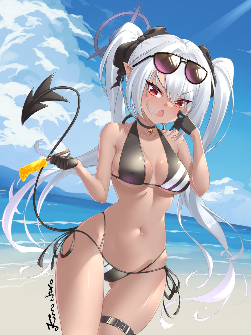 1girl beach belt bikini black-framed_eyewear black_bikini blue_archive blue_sky blush breasts cloud dark-skinned_female dark_skin demon_tail eyewear_on_head food highres holding holding_food holding_popsicle iori_(blue_archive) iori_(swimsuit)_(blue_archive) kuro_neko_7 long_hair looking_at_viewer medium_breasts navel official_alternate_costume open_mouth pointy_ears popsicle red_eyes sand side-tie_bikini_bottom sky sunglasses swimsuit tail thigh_belt thigh_strap twintails water white_hair