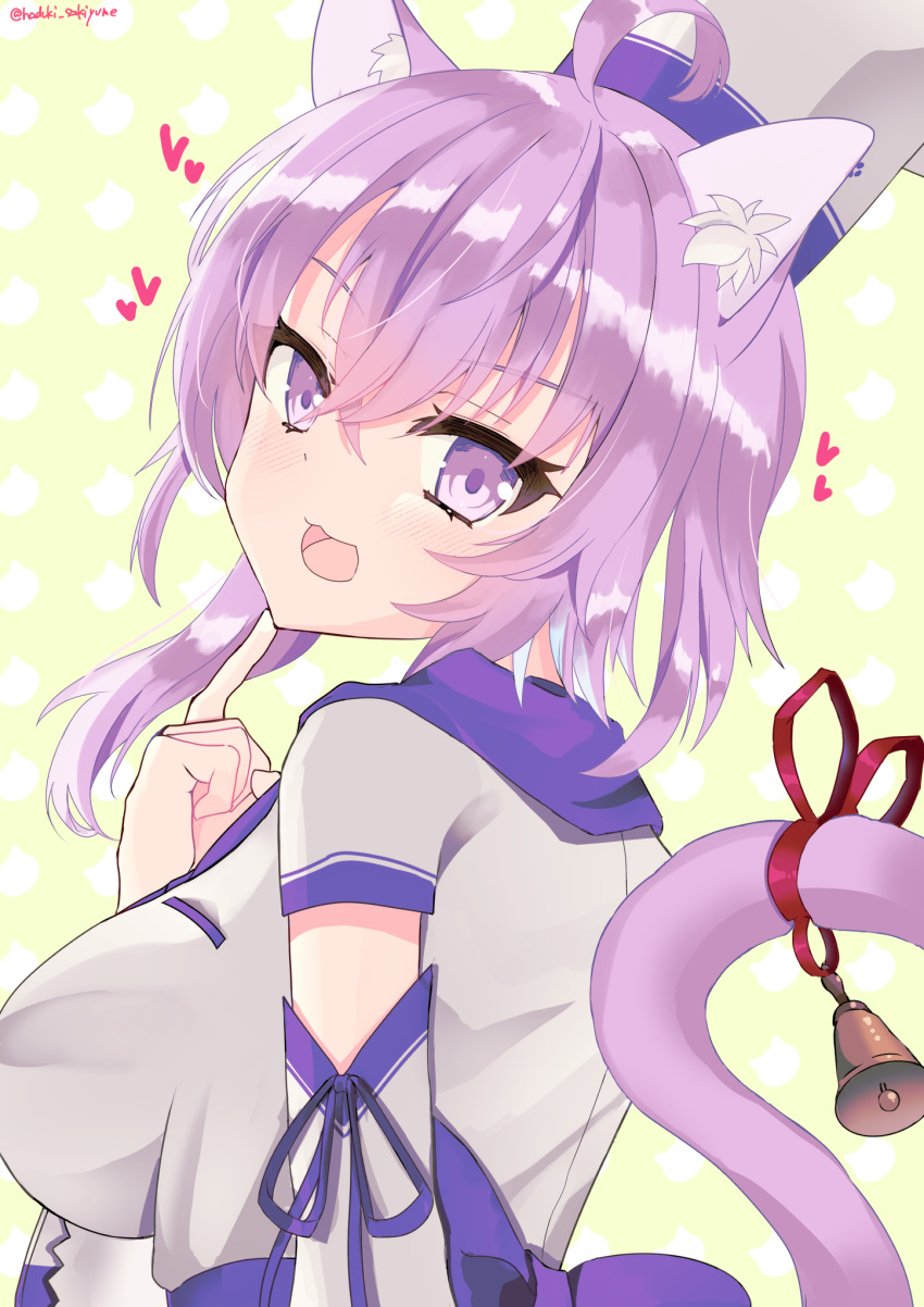 1girl ahoge alternate_costume animal_ear_fluff animal_ears ashibe_h bell breasts cat_ears cat_girl cat_tail hair_between_eyes hat heart highres hololive large_breasts looking_at_viewer nekomata_okayu open_mouth purple_eyes purple_hair ribbon shirt short_hair smile solo tail tail_bell tail_ornament tail_ribbon upper_body virtual_youtuber