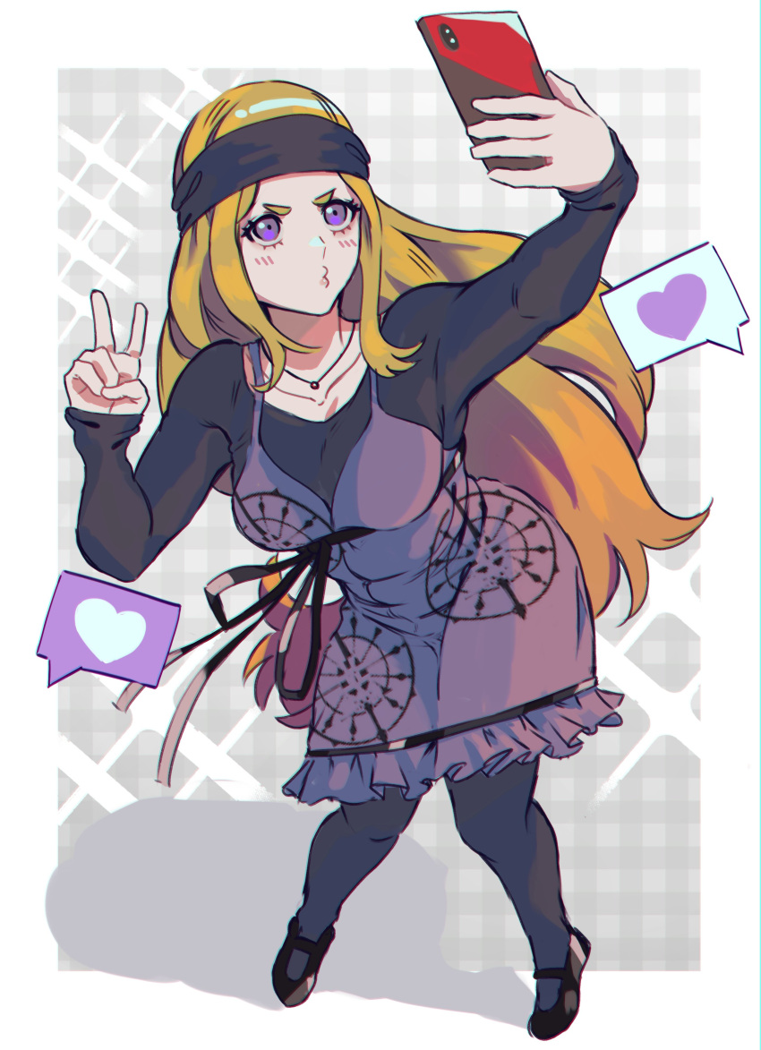 1girl absurdres andrich_galam black_pantyhose blonde_hair cellphone dress headband heart highres long_hair long_sleeves mary_janes mifune_chihaya o3o pantyhose persona persona_5 phone purple_eyes selfie shoes smartphone solo spoken_heart v