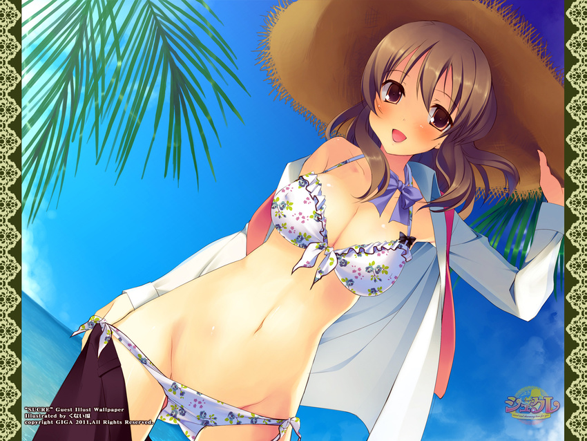 bikini blue_sky bow bowtie breasts brown_eyes brown_hair cleavage day dress_shirt dutch_angle floral_print groin halterneck hat highres kunai_uri kusakabe_miharu looking_at_viewer medium_breasts navel necktie open_clothes open_shirt palm_tree print_bikini shirt side-tie_bikini sky smile solo straw_hat sucre swimsuit swimsuit_pull tree wallpaper water