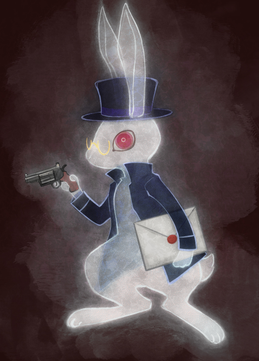 absurdres black_background black_headwear chasel_savio chinese_commentary circle_of_inevitability commentary_request glasses gun hat highres holding holding_gun holding_letter holding_weapon jacket jojo8352 letter looking_at_viewer no_humans purple_jacket rabbit red_eyes semi-rimless_eyewear top_hat transparent weapon white_rabbit_(animal)