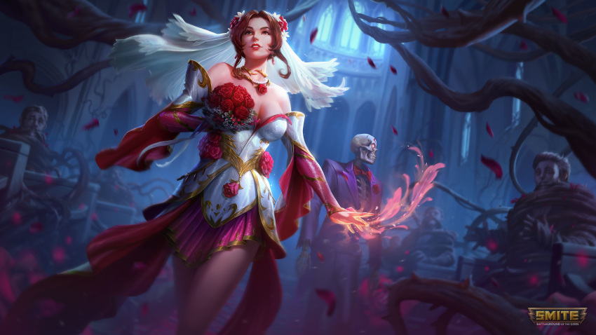1girl absurdres bare_shoulders breasts bridal_veil brown_eyes brown_hair cleavage copyright_name detached_sleeves dress falling_petals flower gaston_aguilera hair_flower hair_ornament highres holding holding_flower jewelry logo medium_breasts necklace official_alternate_costume persephone_(smite) persephone_(smite)_(necromancer) petals red_flower red_petals red_rose rose skeleton smite solo_focus veil