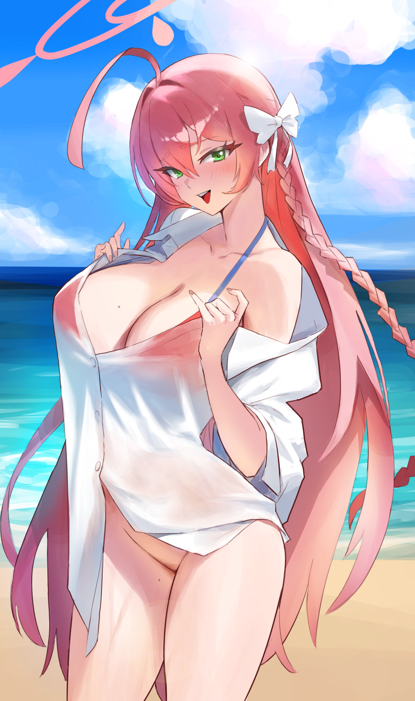 1girl absurdres ahoge bby beach bikini bikini_under_clothes blue_archive blue_sky blush bottomless bow braid breasts cleavage cloud cloudy_sky collarbone collared_shirt commentary green_eyes hair_between_eyes hair_bow halo hanako_(blue_archive) hanako_(swimsuit)_(blue_archive) highres large_breasts looking_at_viewer mole mole_on_thigh no_pants ocean official_alternate_costume open_mouth outdoors pink_halo red_bikini see-through see-through_shirt shirt single_bare_shoulder single_braid single_off_shoulder sky smile solo swimsuit thighs white_bow white_shirt