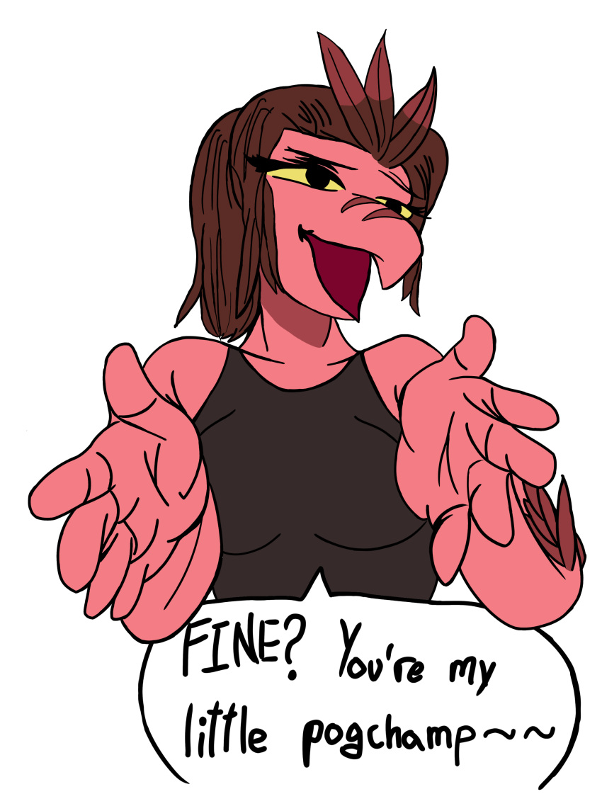 5_fingers absurd_res anthro banco breasts brown_body brown_feathers brown_hair clothing colored dialogue dinosaur dromaeosaurid english_text feathered_arms feathered_crest feathers female fingers hair head_crest hi_res i_wani_hug_that_gator open_mouth pink_body pink_scales ponytail reaching_towards_viewer red_body red_feathers reptile scales scalie shirt simple_background snout solo speech_bubble talking_to_viewer tank_top text theropod topwear velociraptor victoria_(iwhtg) yellow_sclera