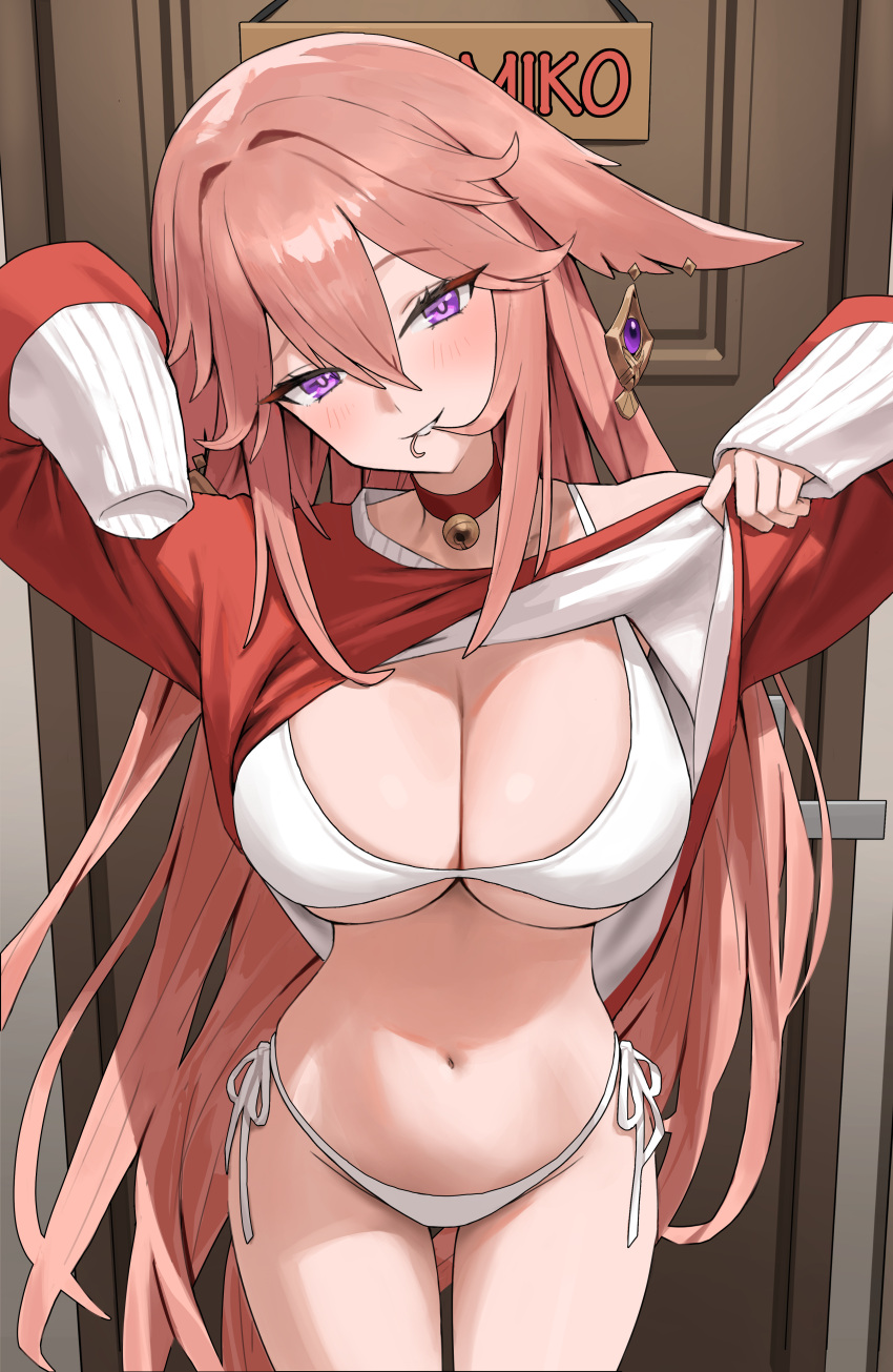 1girl absurdres alternate_costume animal_ears bby bell bikini bikini_under_clothes blush breasts choker cleavage clothes_lift commentary_request cowboy_shot door floppy_ears fox_ears genshin_impact hair_in_own_mouth hands_up head_tilt highres large_breasts lifted_by_self long_sleeves looking_at_viewer navel neck_bell pink_hair purple_eyes red_choker red_shirt shirt shirt_lift side-tie_bikini_bottom sleeves_past_wrists smile solo stomach swimsuit white_bikini yae_miko