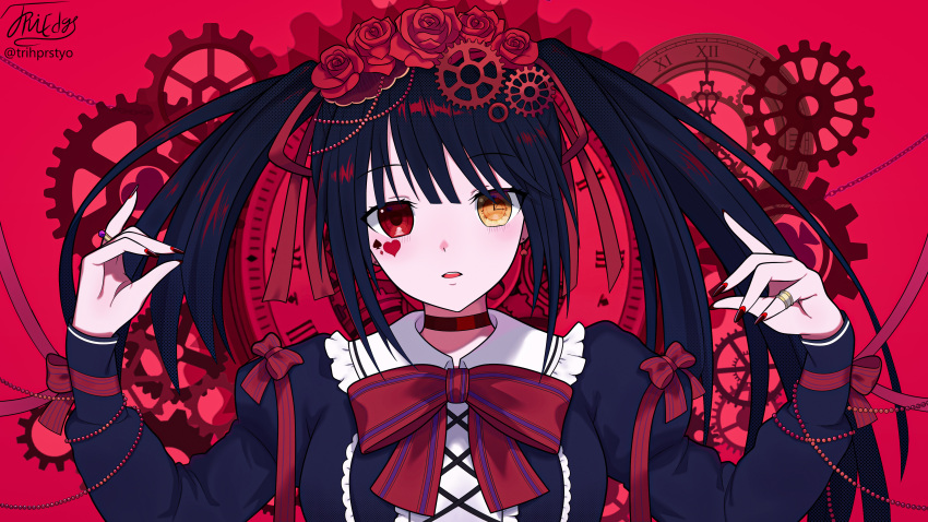 1girl :o absurdres black_dress black_hair clock_eyes date_a_live date_a_live:_date_a_bullet dress gears heterochromia highres jewelry lolita_fashion long_sleeves open_mouth puffy_sleeves red_eyes ring roman_numeral solo symbol-shaped_pupils tokisaki_kurumi trihprstyo twintails two-tone_dress upper_body