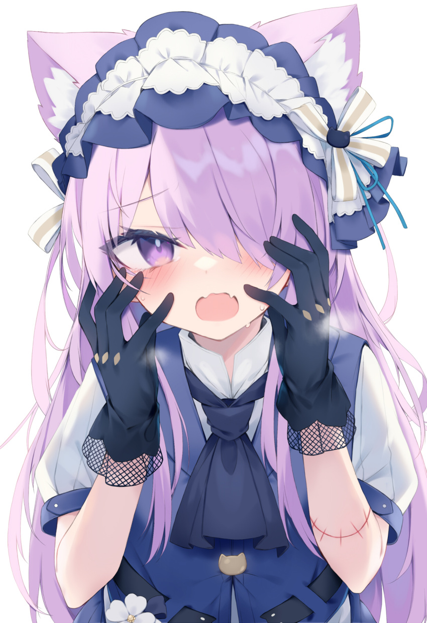 1girl animal_ear_fluff animal_ears black_gloves blue_vest blush commentary_request fangs gloves hair_over_one_eye hands_up highres long_hair looking_at_viewer nibiiro_shizuka open_mouth original puffy_short_sleeves puffy_sleeves purple_eyes purple_hair shirt short_sleeves simple_background solo stitches sweat very_long_hair vest white_background white_shirt