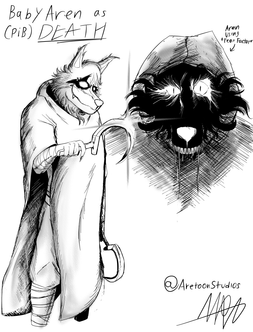 absurd_res anthro aren_ace_armmen babyaren black_body canid canine canis clothing cosplay costume crossover crossover_cosplay death_(puss_in_boots) domestic_dog dreamworks fursuit hi_res hood human humanoid male mammal mask monochrome puss_in_boots_(dreamworks) scary scary_face shine_sprite sickle simple_background solo weapon wolf