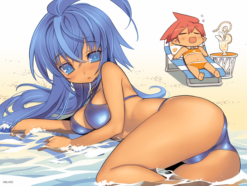 ahoge ass beach bikini blade_(galaxist) blue_bikini blue_eyes blue_hair blush breasts chibi cup dark_skin drinking_straw hasegawa_suzuho large_breasts long_hair looking_at_viewer lying magician's_academy multiple_girls on_side pointy_ears red_hair sand short_hair sleeping swimsuit tanarot tropical_drink wallpaper water