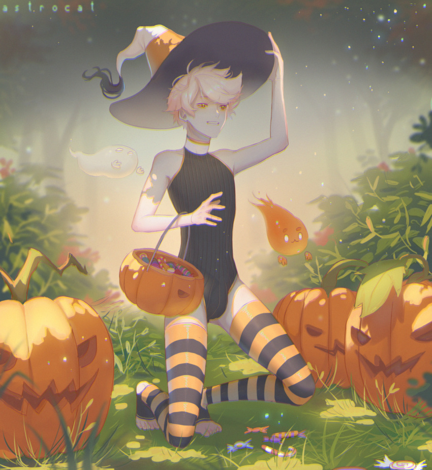 1boy artist_name astrocatsama bare_arms black_leotard black_thighhighs blonde_hair bulge bush candy commentary english_commentary food forest full_body ghost grass grin halloween halloween_bucket hand_on_headwear hat highres jack-o'-lantern kneeling leotard male_focus nature orange_eyes orange_headwear orange_thighhighs original outdoors short_hair smile solo striped_clothes striped_thighhighs tassel_hat_ornament thighhighs toeless_legwear toenails toes two-tone_headwear two-tone_thighhighs very_short_hair white_headwear wide_brim witch_hat