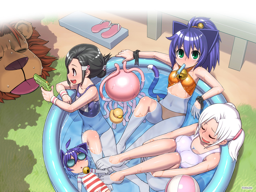 5girls animal_ears bare_shoulders bikini black_hair blush breasts cat_ears cleavage closed_eyes criss-cross_halter family flat_chest flip-flops food green_eyes hair_up halter_top halterneck knees_to_chest kyouran_kazoku_nikki large_breasts leg_hug lion midarezaki_chika midarezaki_gekka midarezaki_kyouka midarezaki_teika midarezaki_yuuka mother_and_daughter mouth_hold multiple_boys multiple_girls navel one-piece_swimsuit orange_bikini popsicle purple_hair reclining sandals school_swimsuit siblings sisters smile sweat sweatdrop swimsuit tentacles twintails wading_pool wallpaper water_gun wet white_hair white_school_swimsuit white_swimsuit wristband x6suke