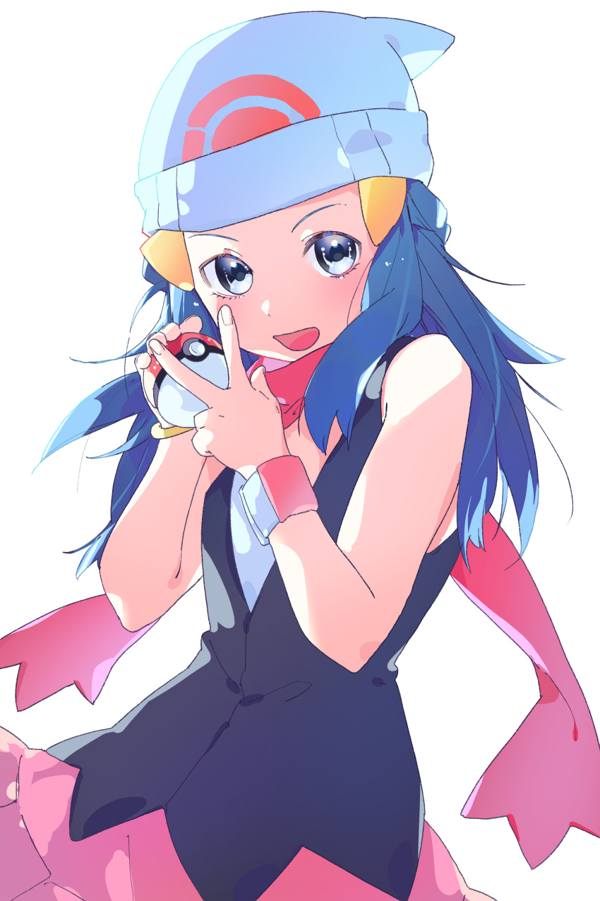 1girl :d absurdres beanie black_shirt blue_hair bracelet commentary_request dawn_(pokemon) grey_eyes hair_ornament hairclip hands_up hat highres holding holding_poke_ball jewelry long_hair open_mouth pink_scarf pink_skirt poke_ball poke_ball_(basic) pokemon pokemon_dppt scarf shirt sidelocks skirt sleeveless sleeveless_shirt smile solo v valentine_(02140314c) white_headwear xtransceiver