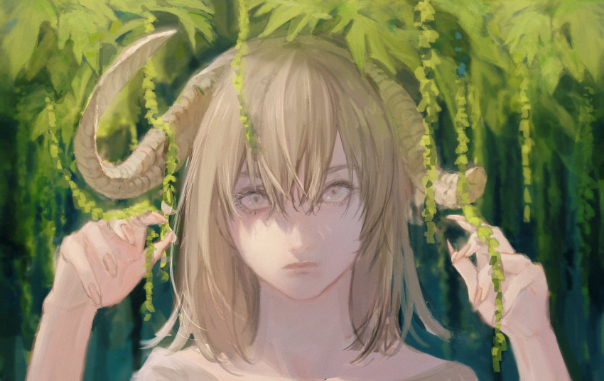 1girl blonde_hair broken_horn closed_mouth curled_horns day evina_ic fingernails hair_between_eyes hands_up highres horns long_fingernails looking_at_viewer nature on_horn original plant portrait sharp_fingernails short_hair sketch solo straight-on white_eyes