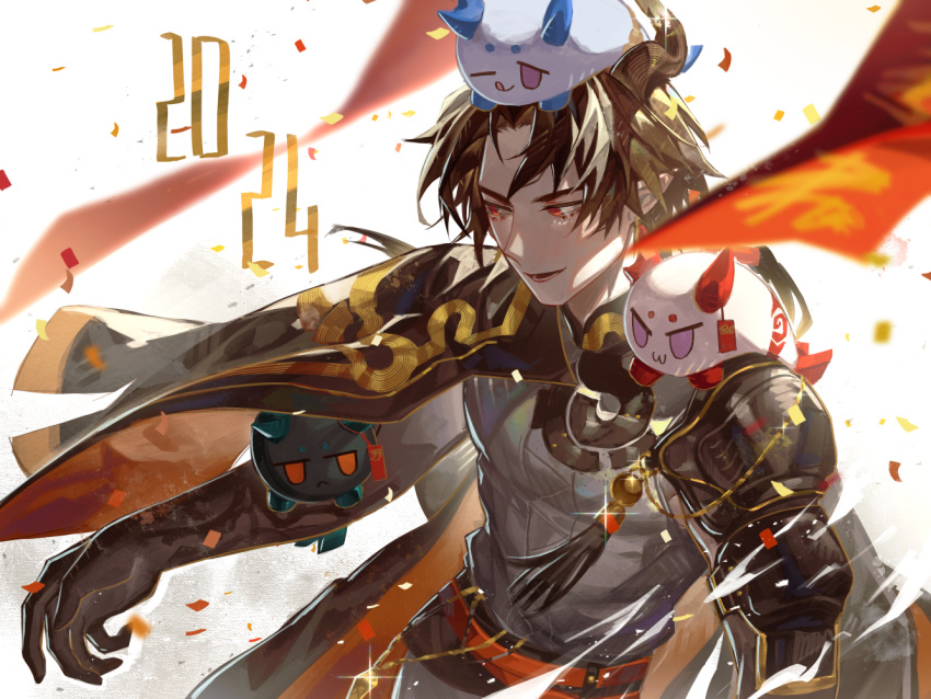 1boy 2024 :3 ;q animalization arknights black_jacket black_shirt brown_hair chong_yue_(arknights) closed_mouth commentary confetti dragon_bubble_(arknights) dragon_horns dusk_(arknights) english_commentary horns jacket jacket_on_shoulders kikan_(kikanoe) ling_(arknights) nian_(arknights) one_eye_closed open_mouth purple_eyes red_eyes shirt simple_background smile tongue tongue_out upper_body v-shaped_eyes white_background